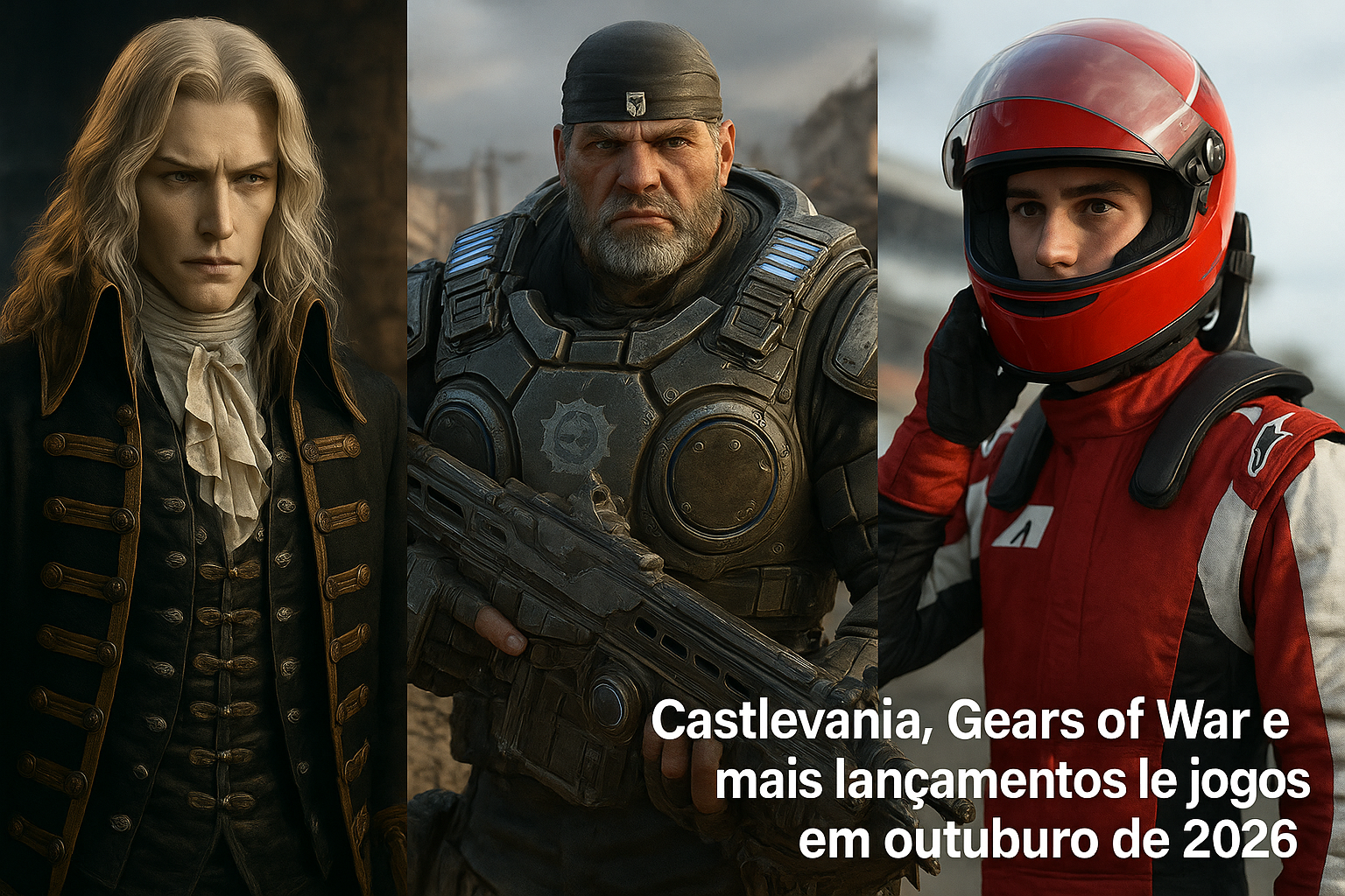 Imagem editorial sobre Castlevania, Gears of War e mais lançamentos de jogos em outubro de 2026